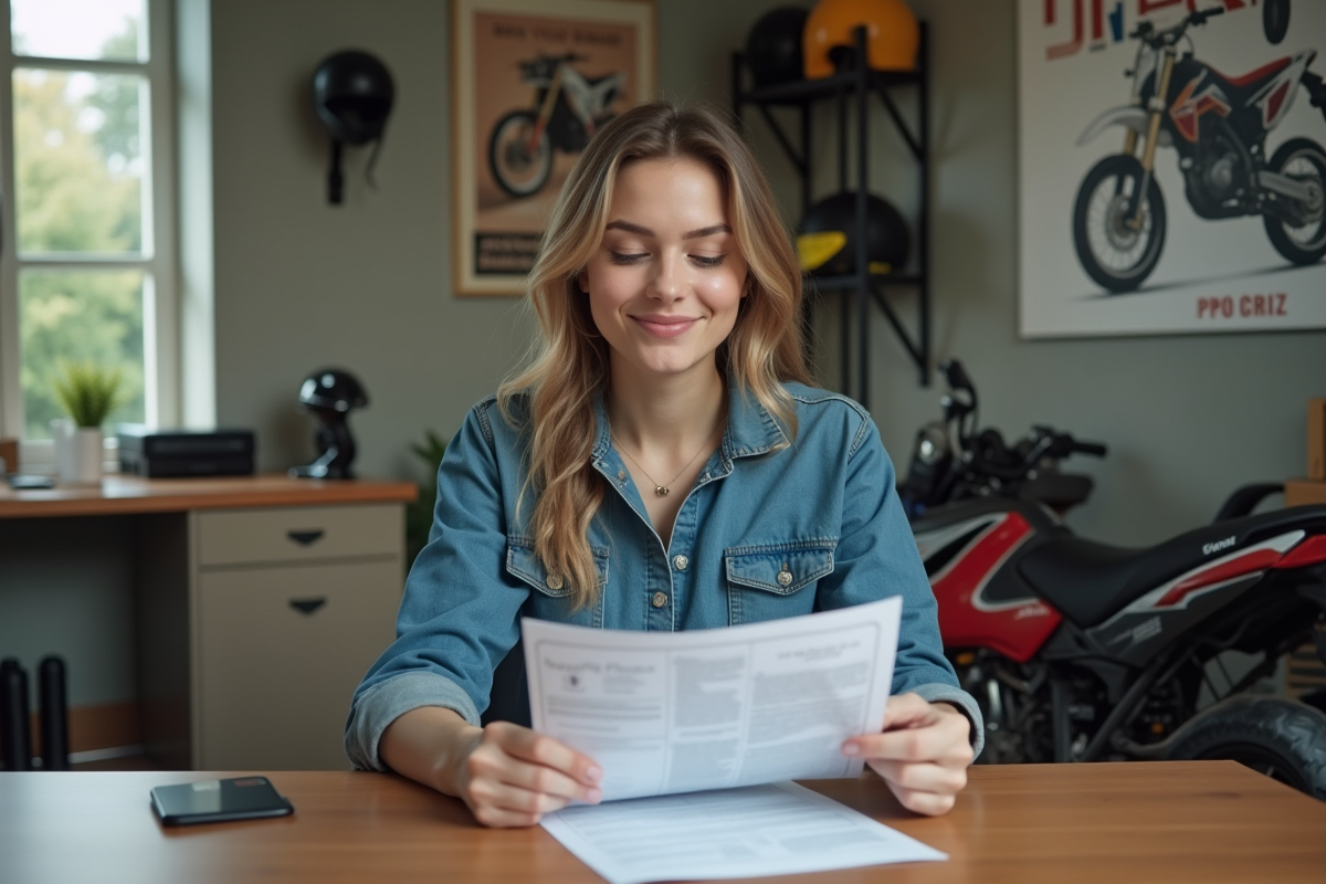 Femme lisant des documents pour moto cross 50cc à la maison