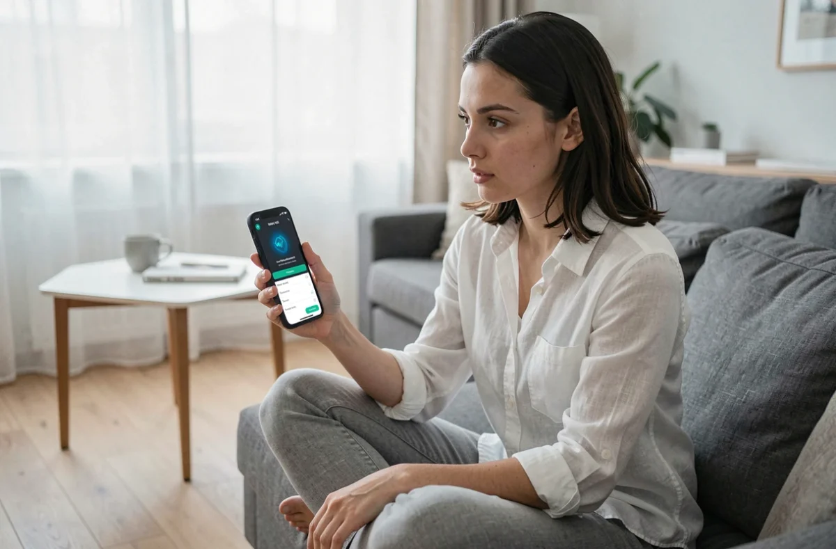 Jeune femme utilisant une application VPN sur son smartphone pour accéder à un service en ligne bloqué