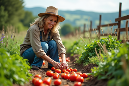 Femme fermière inspectant des tomates mûres dans son jardin