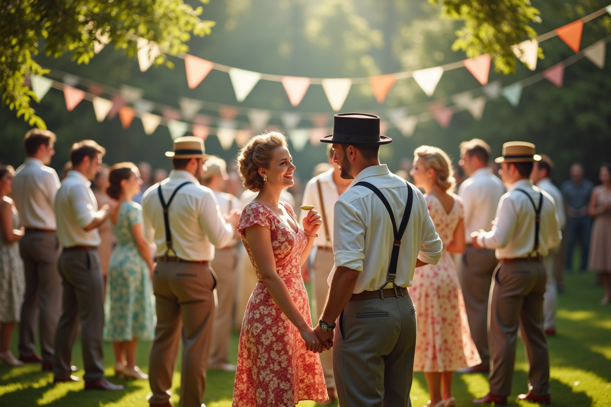 Groupe lors d une fête dans un jardin années 40 en plein air