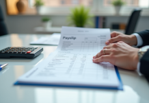 Main tenant une fiche de paie détaillée avec calculatrice