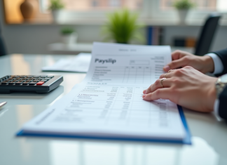 Main tenant une fiche de paie détaillée avec calculatrice