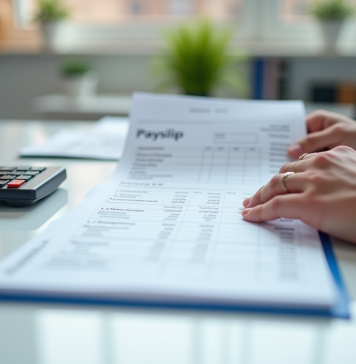 Main tenant une fiche de paie détaillée avec calculatrice
