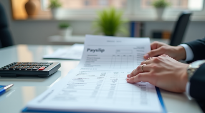 Main tenant une fiche de paie détaillée avec calculatrice