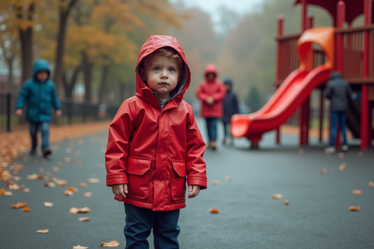 Garçon en imperméable rouge observant le parc en automne