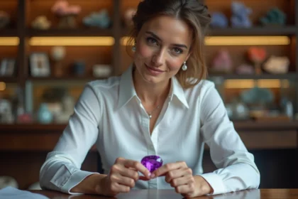 Gemologue femme tenant une pierre violette dans un atelier