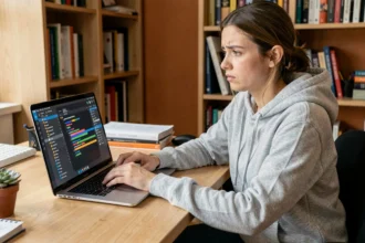 Jeune femme gérant des mods de jeu vidéo sur son ordinateur portable dans un bureau à domicile