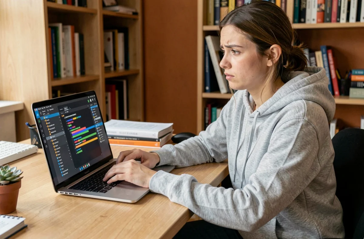 Jeune femme gérant des mods de jeu vidéo sur son ordinateur portable dans un bureau à domicile