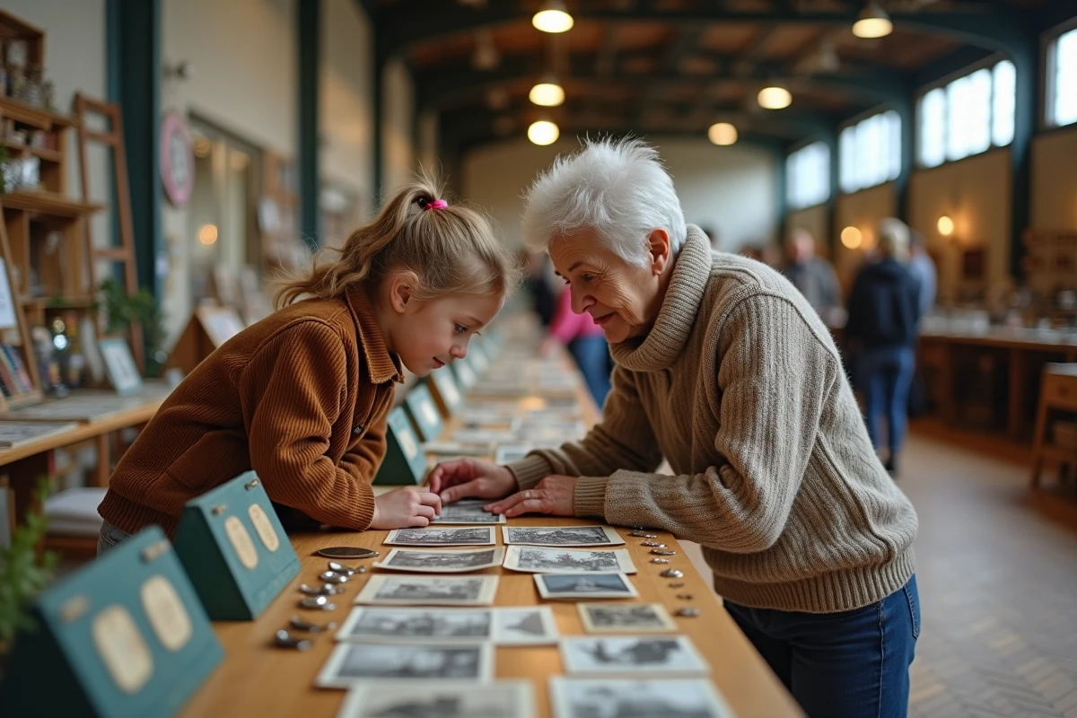 Grand-mère et petite-fille découvrant ensemble de vieilles cartes postales à une brocante intérieure en Moselle