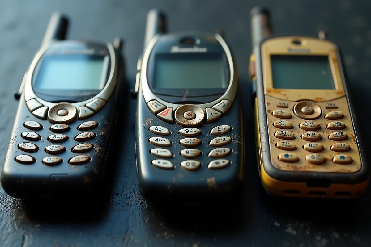 Gros plan sur trois anciens téléphones mobiles côte à côte sur ardoise, avec antenne, clavier numérique et clapet, montrant des signes d'usure