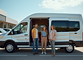 Groupe d'amis devant un van 9 places brillant en concession