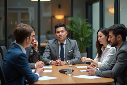 Groupe divers d'employes en reunion de travail
