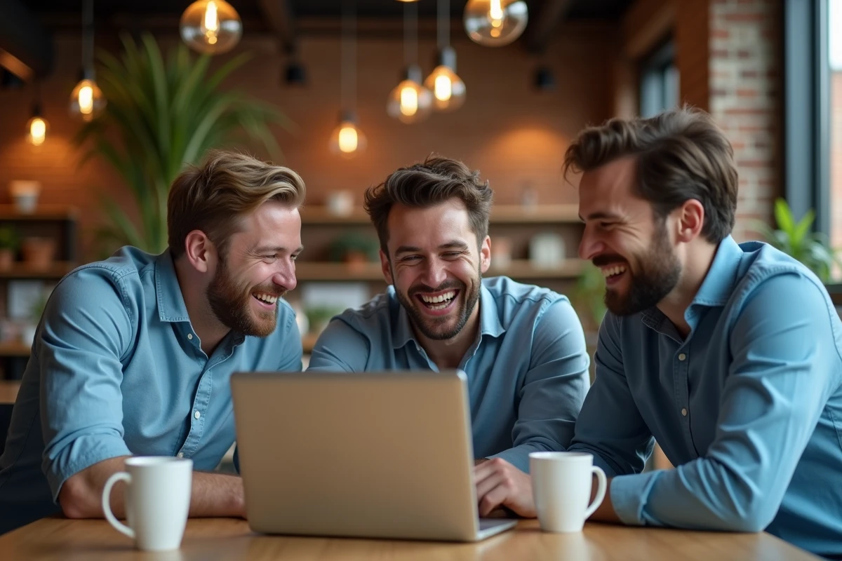 Groupe de trois hommes riant devant un ordinateur portable affichant un gif animé d'anniversaire dans un bureau moderne