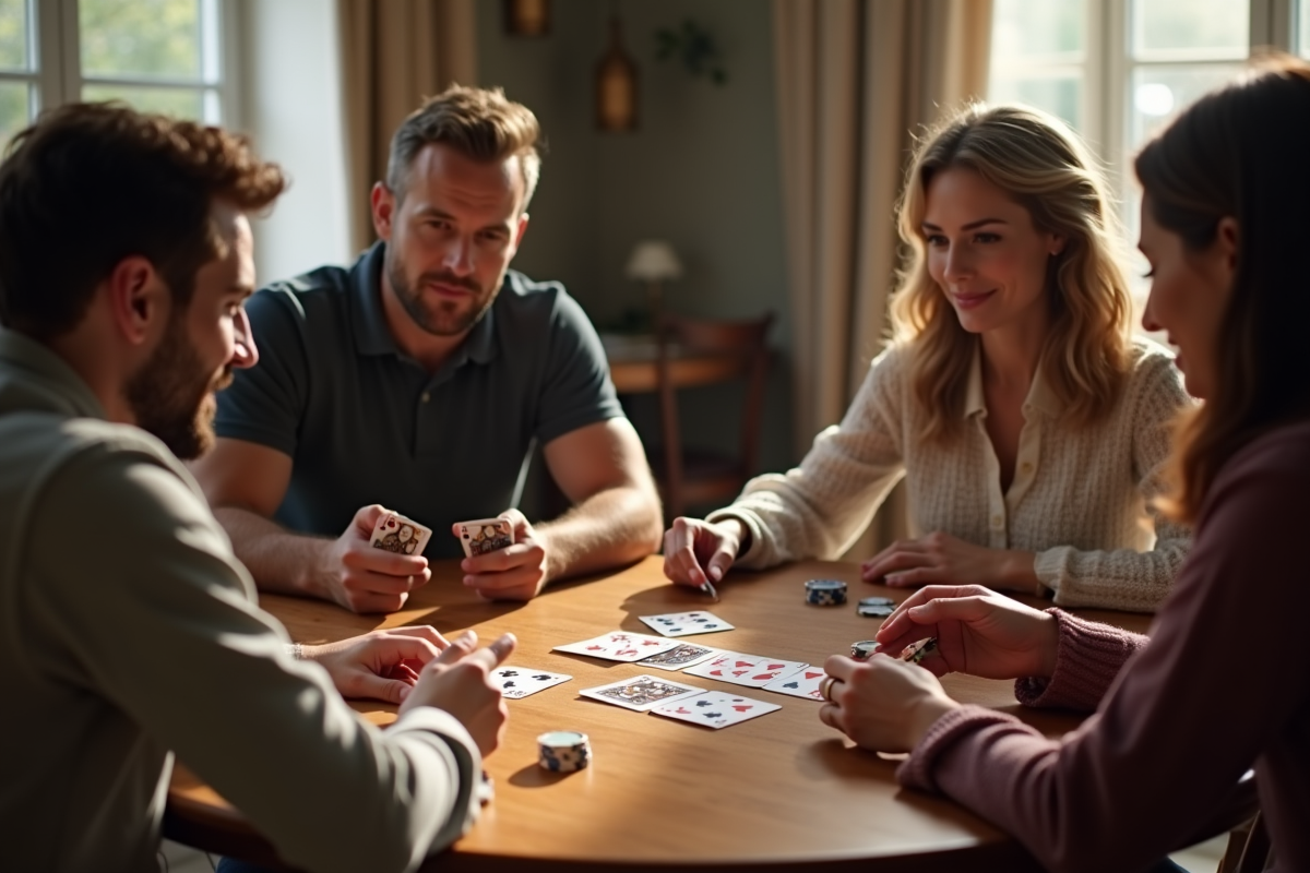 Quatre personnes jouent à la belote autour d'une table en bois
