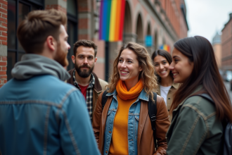 Groupe divers de personnes LGBT dans la ville devant un bâtiment