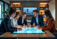 Groupe de professionnels collaborant autour d'un écran numérique en bureau moderne