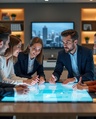 Groupe de professionnels collaborant autour d'un écran numérique en bureau moderne