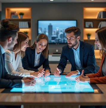 Groupe de professionnels collaborant autour d'un écran numérique en bureau moderne