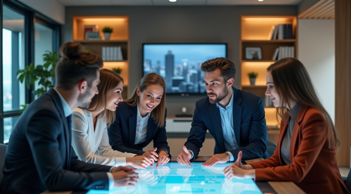 Groupe de professionnels collaborant autour d'un écran numérique en bureau moderne