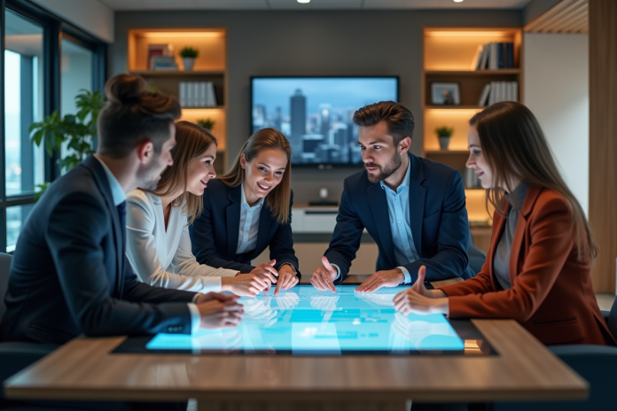 Groupe de professionnels collaborant autour d'un écran numérique en bureau moderne