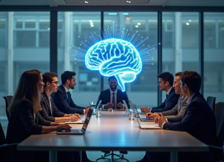 Éthique de l’intelligence artificielle en entreprise : avancées et enjeux éthiques Groupe de professionnels discutant autour d une table avec hologramme d un cerveau