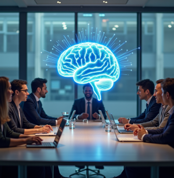 Groupe de professionnels discutant autour d une table avec hologramme d un cerveau
