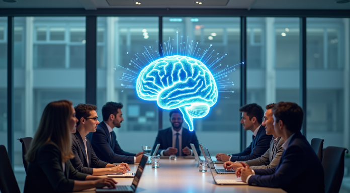 Groupe de professionnels discutant autour d une table avec hologramme d un cerveau