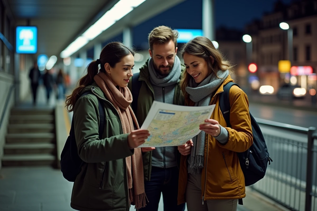 Groupe de personnes consultant le plan du métro à une sortie de station Lyon la nuit