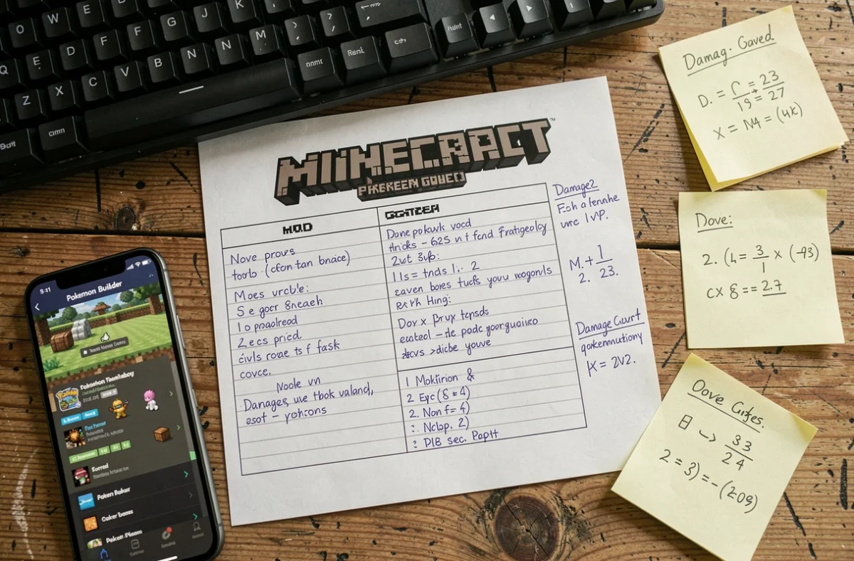 Guide stratégique imprimé pour optimiser un mod Minecraft Pokémon en PvP avec annotations manuscrites et smartphone affichant un team builder