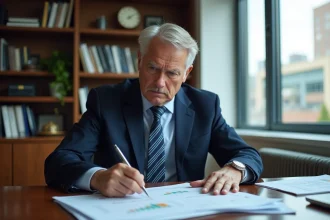 Homme d'affaires en costume bleu examine des graphiques financiers