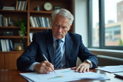 Homme d'affaires en costume bleu examine des graphiques financiers