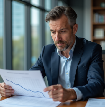 Taux d’intérêt : quel est le montant de la baisse aujourd’hui ? Homme d affaires en costume regardant un graphique en bureau