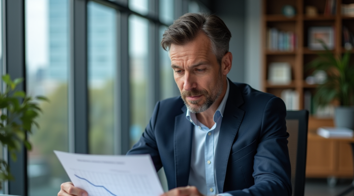 Homme d affaires en costume regardant un graphique en bureau