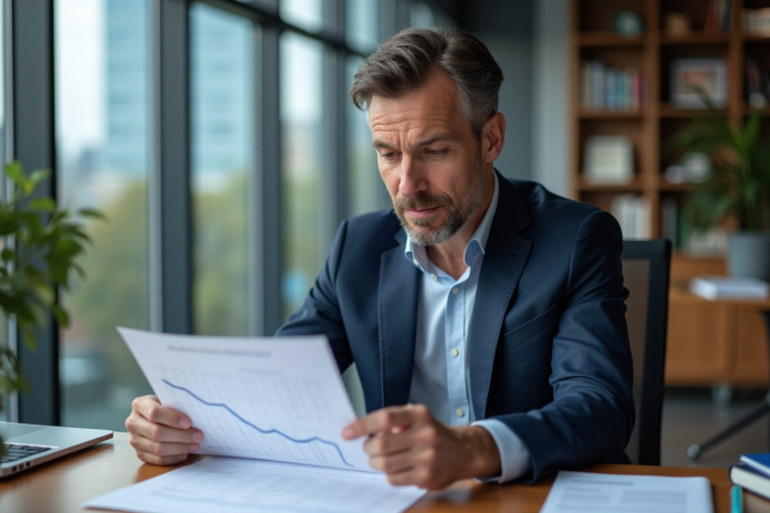 homme-affaires-graphes-bureau Homme d affaires en costume regardant un graphique en bureau