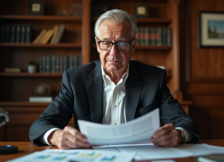 Le secret de la fortune d’Eddy Mitchell : investissements et placements stratégiques Homme âgé en costume dans un bureau élégant