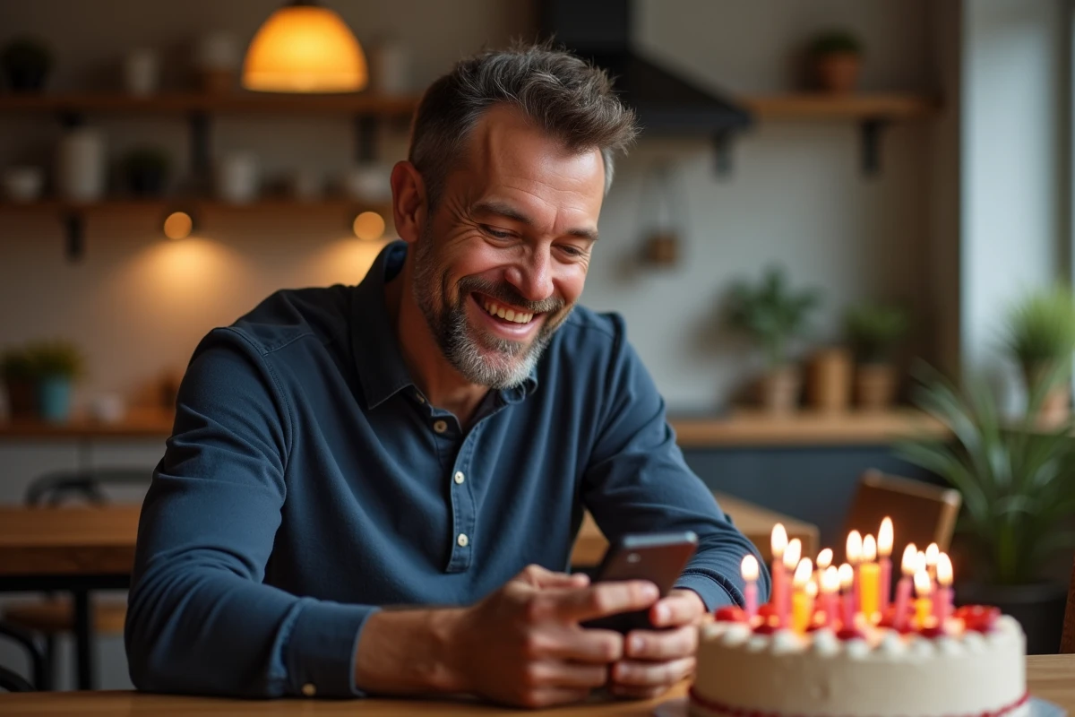 Homme d'une quarantaine d'années souriant devant un gâteau d'anniversaire en regardant un gif animé drôle sur son smartphone