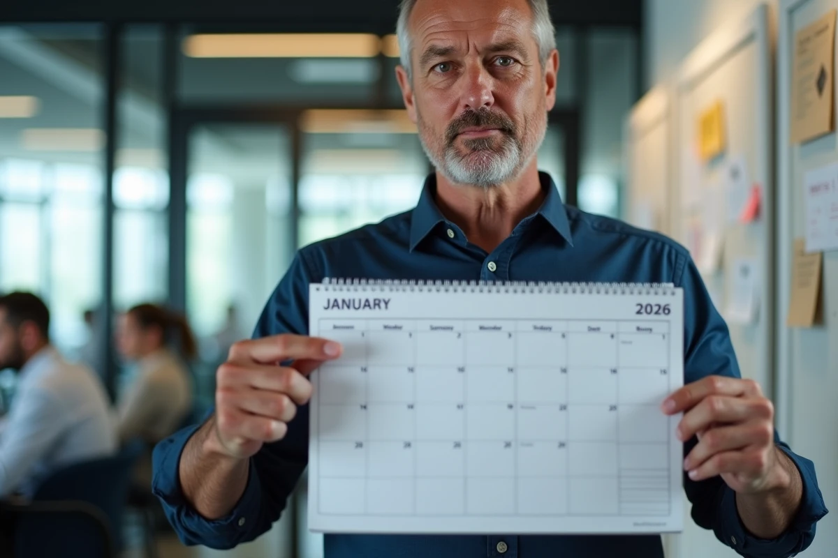 Homme en bureau vérifiant un calendrier papier 2026 pour identifier les semaines paires et impaires