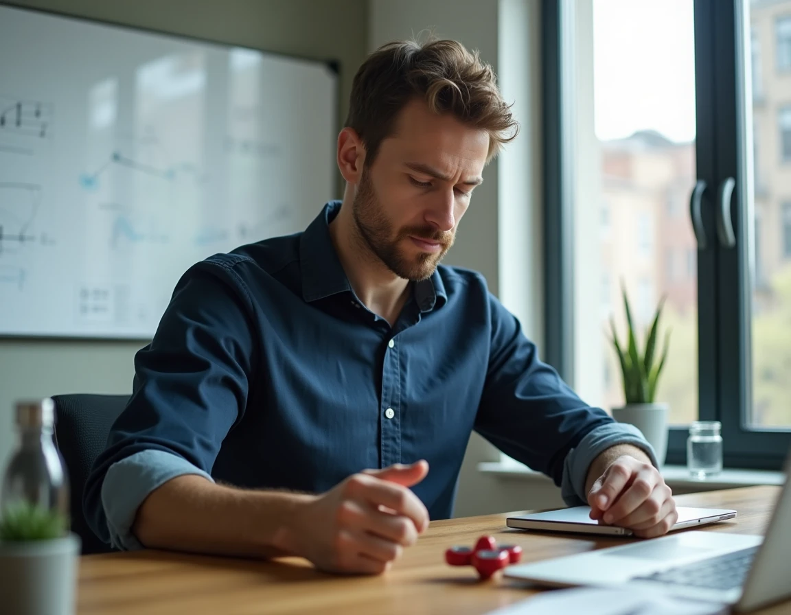 Homme concentré en pause relaxation au bureau avec une toupie fidget spinner sur son bureau en bois