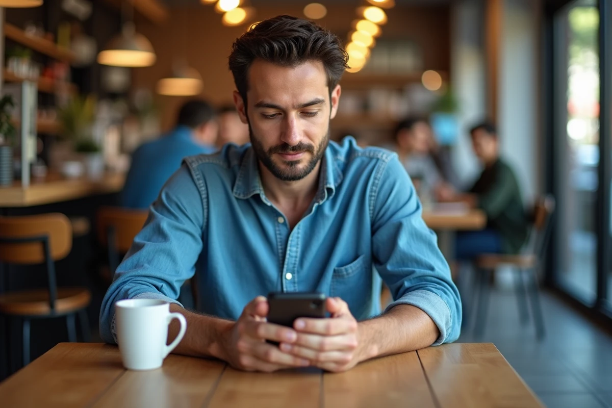 Homme dans un café configurant son téléphone pour gérer les appels entrants avec l'indicatif international +44