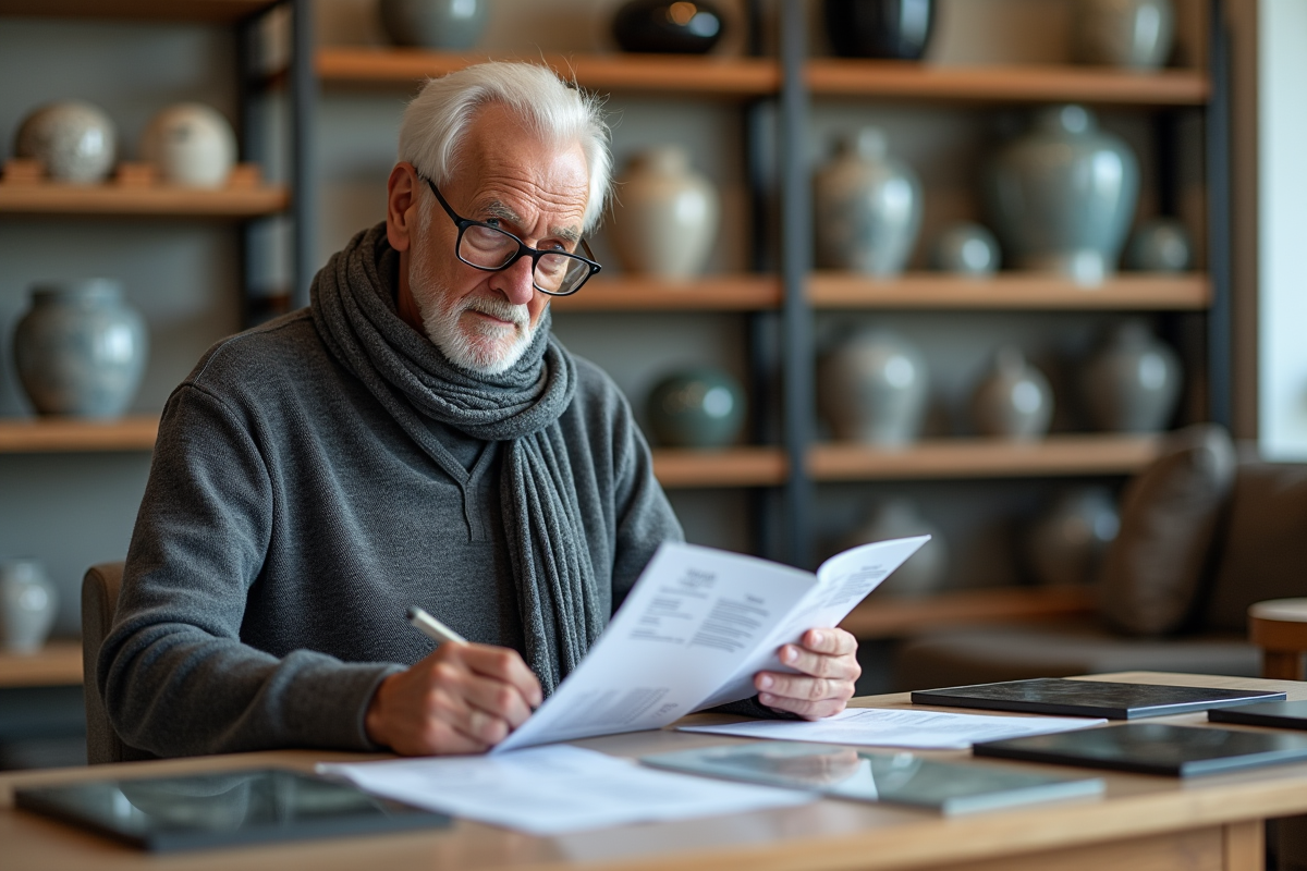 Homme âgé comparant des catalogues de plaques dans un showroom