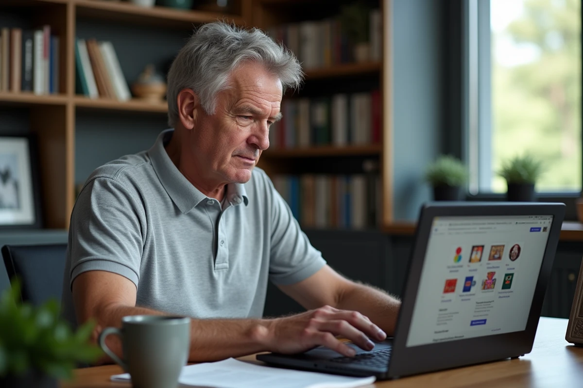 Homme d'une cinquantaine d'années choisissant un gif animé d'anniversaire discret sur son ordinateur portable dans un bureau à domicile
