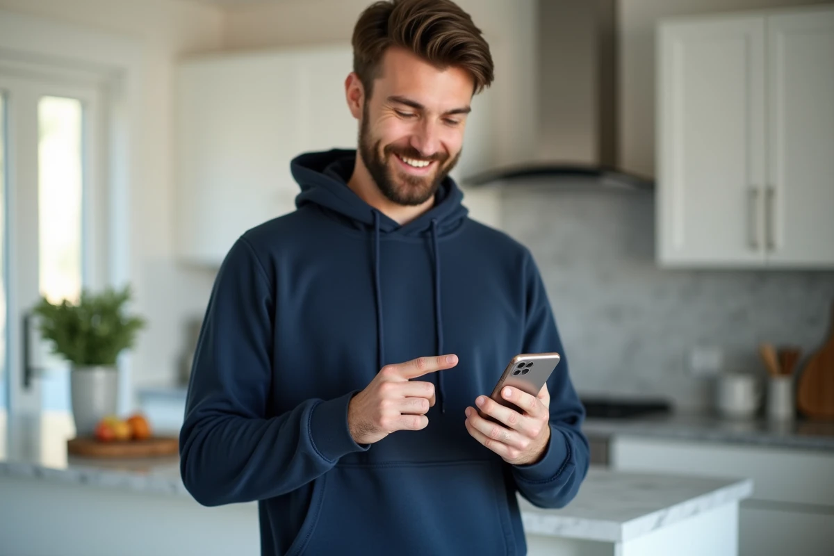 Homme appliquant un code de réduction Pixmania de dernière minute sur son smartphone