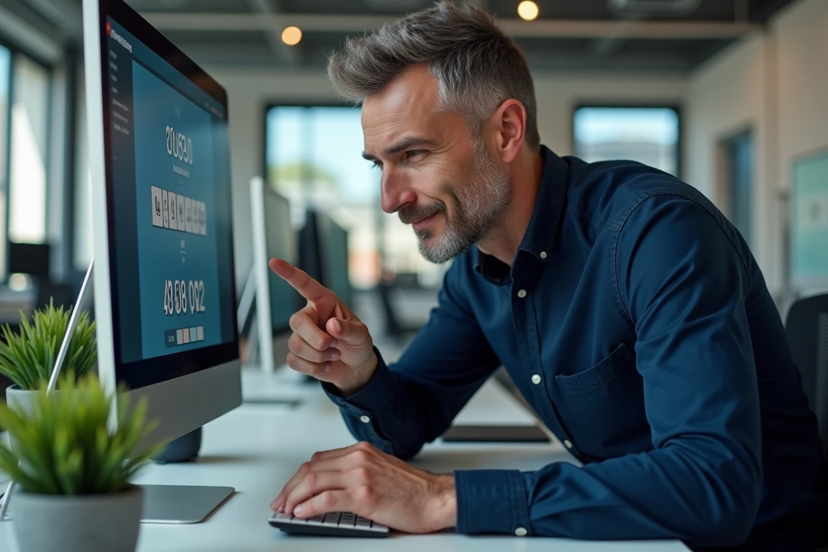 Homme consultant un convertisseur de chiffres romains en ligne sur un ordinateur de bureau dans un open space moderne
