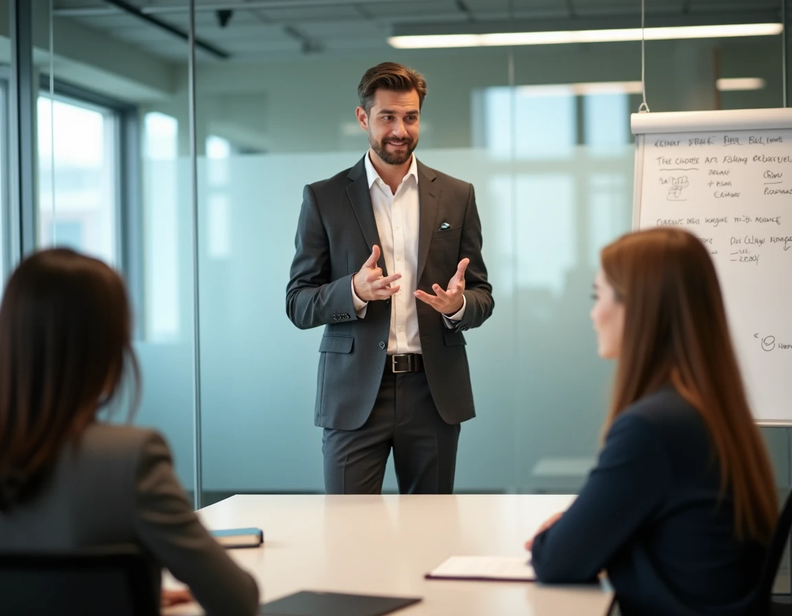 Homme présentant avec assurance à des collègues dans une salle de réunion moderne, représentant le type ENFJ protagoniste du MBTI