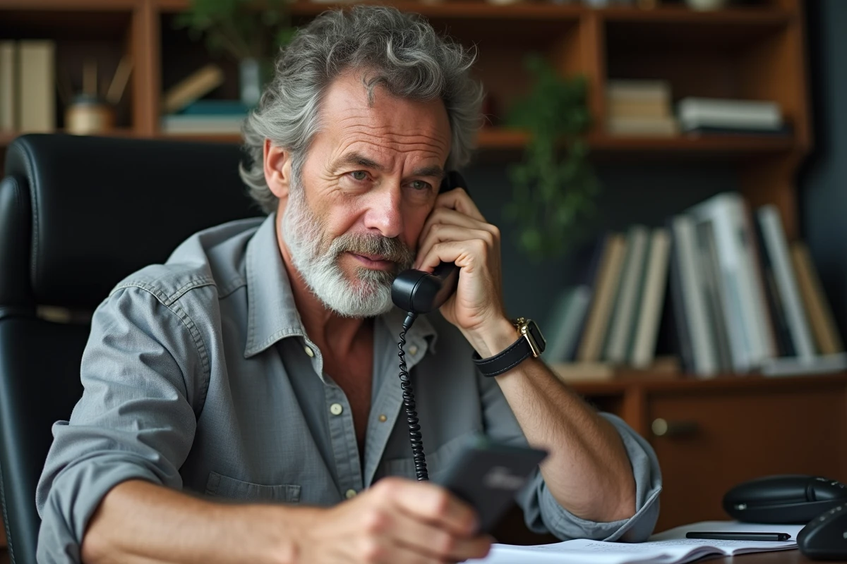 Homme tenant un vieux téléphone à clapet ouvert et l'examinant avec attention sur un bureau encombré