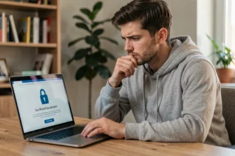 Homme frustré devant un message d'erreur de restriction géographique sur son ordinateur portable