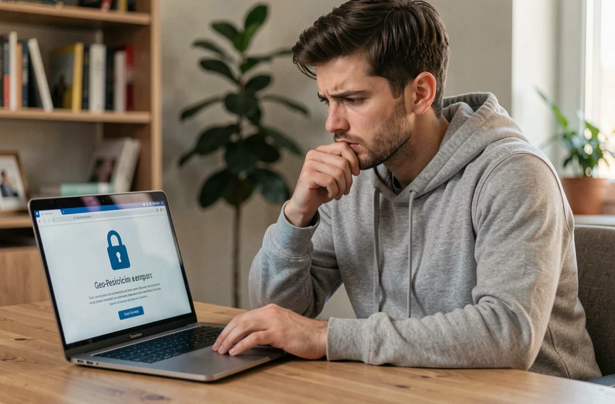 Homme frustré devant un message d'erreur de restriction géographique sur son ordinateur portable