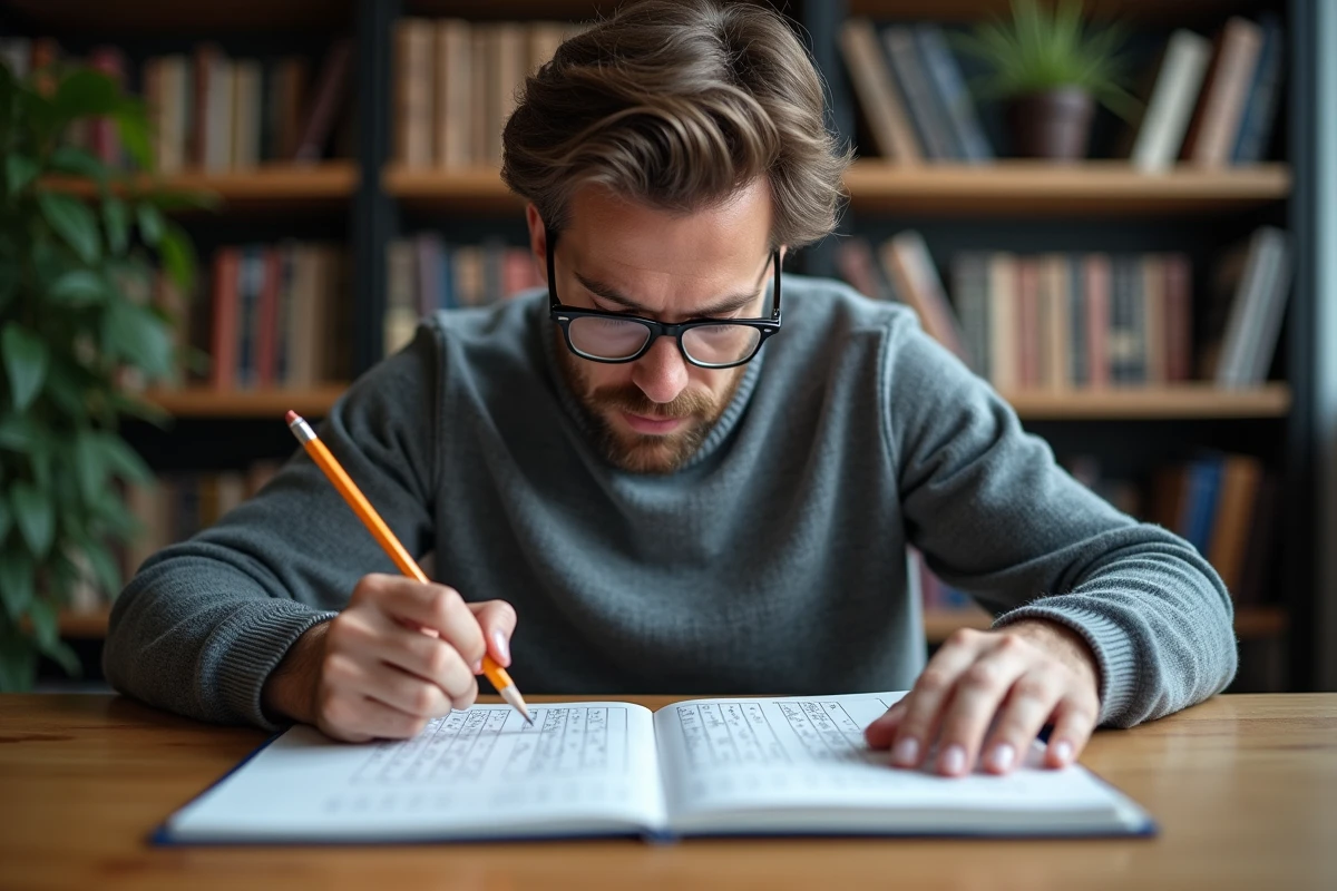 Homme avec lunettes cherchant des astuces pour débloquer une grille de mots fléchés dans un bureau à domicile