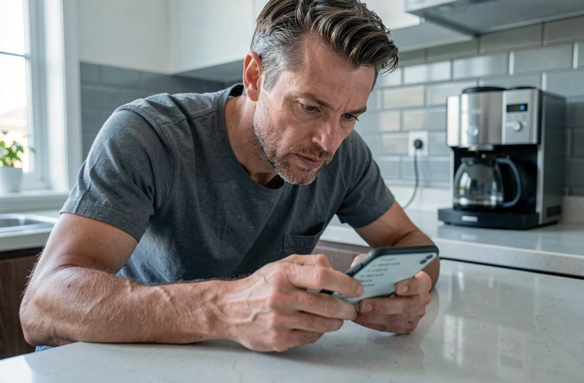 Homme consultant les indicatifs téléphoniques internationaux de l'océan Indien sur son smartphone dans une cuisine moderne