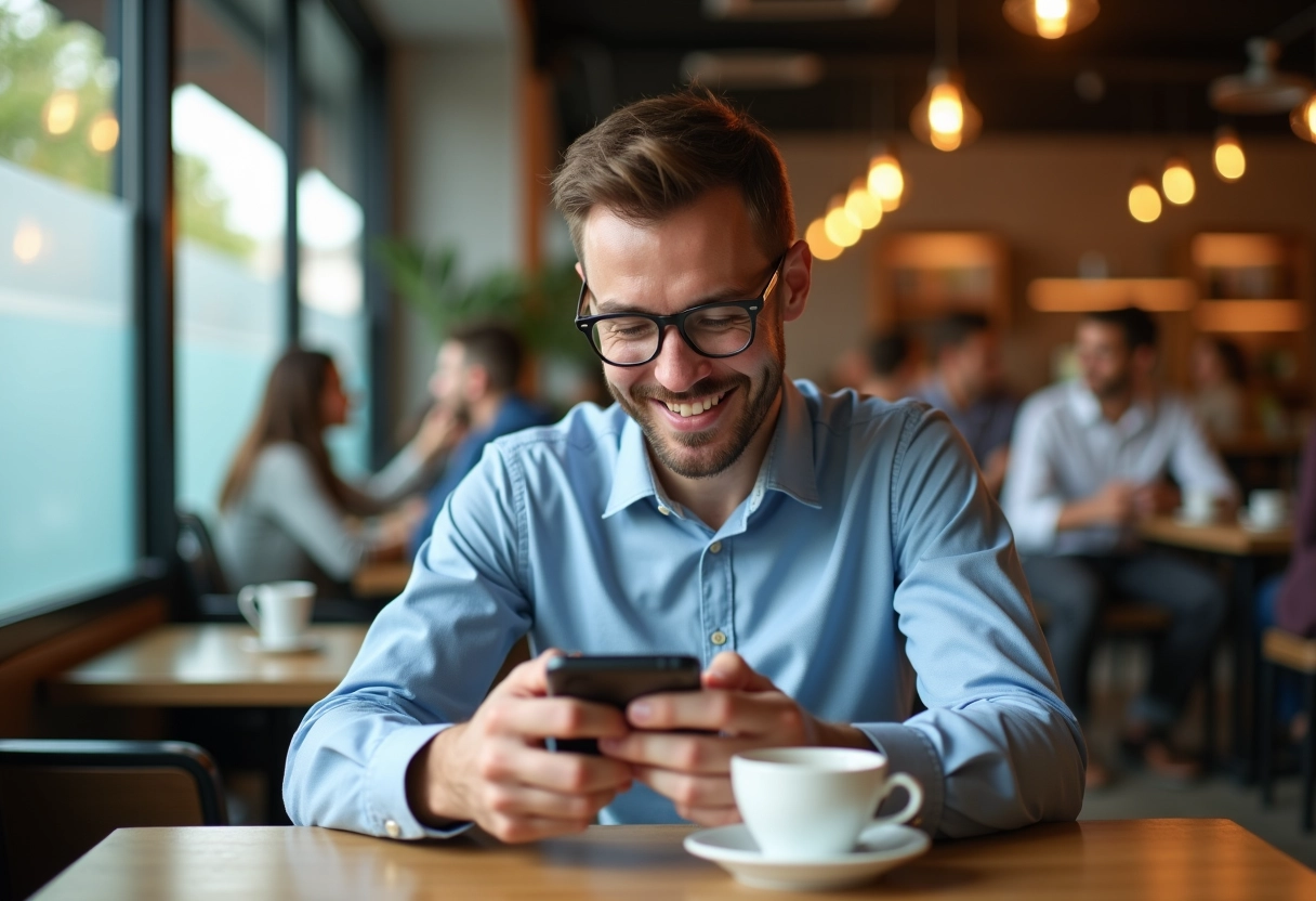 Homme souriant jouant à Motus sur son smartphone au café